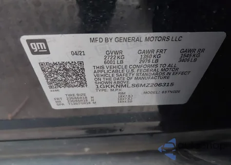 2021 GMC Acadia Fwd Slt z USA, uszkodzony, nr VIN 1GKKNMLS6MZ206315